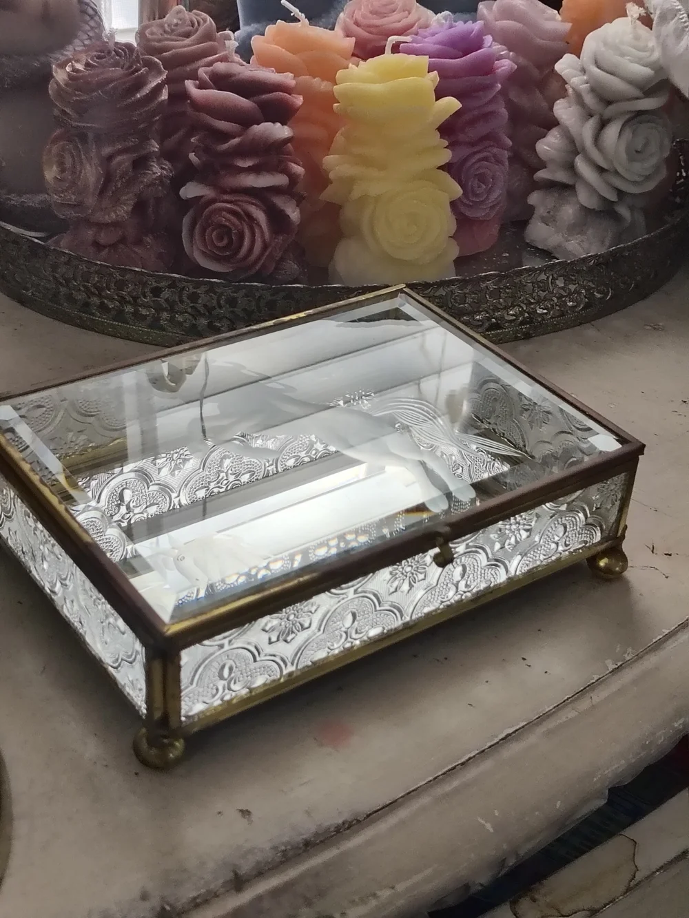 Vintage Brass & Embossed Glass Unicorn Jewelry Box Etched Frosted Glass Trinket
